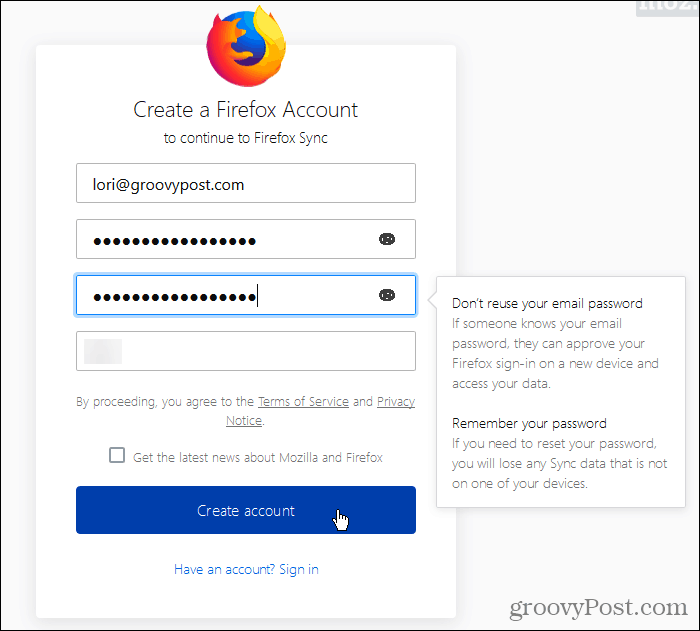 Erstellen Sie ein Firefox Sync-Konto