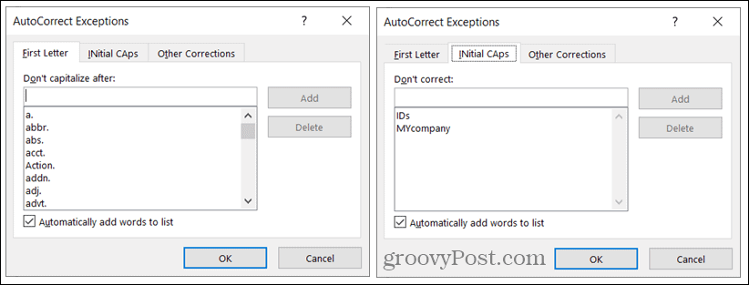 AutoKorrektur-Ausnahmen unter Windows