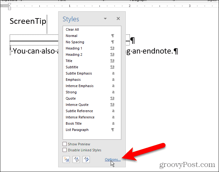 Klicken Sie in Word im Bereich Stile auf Optionen