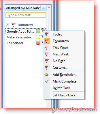 Outlook 2007-Aufgabenleiste - Klicken Sie mit der rechten Maustaste auf das Flag für das Optionsmenü