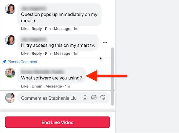 Die Option, einen Kommentar unten anzuheften, wird dem Facebook-Live-Stream-Host unter jedem abgegebenen Kommentar als angezeigt Außerdem wird gezeigt, wie ein angehefteter Kommentar aussieht, wenn er am Ende Ihrer Kommentare für angeheftet ist Zuschauer