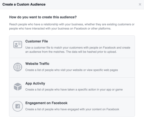 Wählen Sie die Quelle aus, die Sie für Ihre benutzerdefinierte Facebook-Zielgruppe verwenden möchten.
