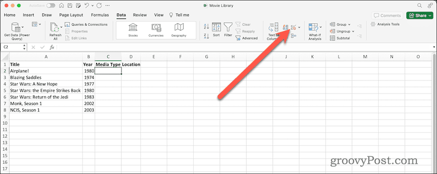 Schaltfläche „Datenvalidierung“ im Datenmenüband in Excel