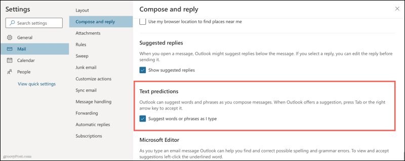 Aktivieren Sie Textvorhersagen in Outlook im Web