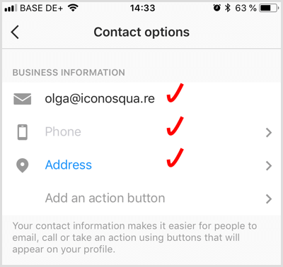 Fügen Sie Kontaktinformationen für ein Instagram-Geschäftskonto hinzu