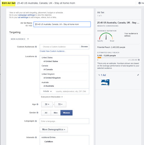 Facebook Ads Manager bearbeiten Anzeigensatz-Targeting