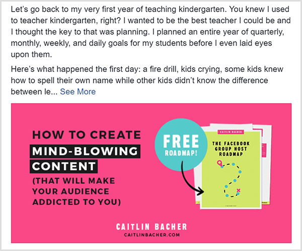 Ein Facebook-Beitrag von Caitlin Bacher, der ein Angebot für ihre kostenlose Facebook Group Roadmap zeigt. Das Angebotsbild hat meistens schwarzen Text auf einem rosa Hintergrund. Der Text Free Roadmap wird in einem hellblauen Kreis angezeigt und zeigt auf ein Cover der Roadmap.