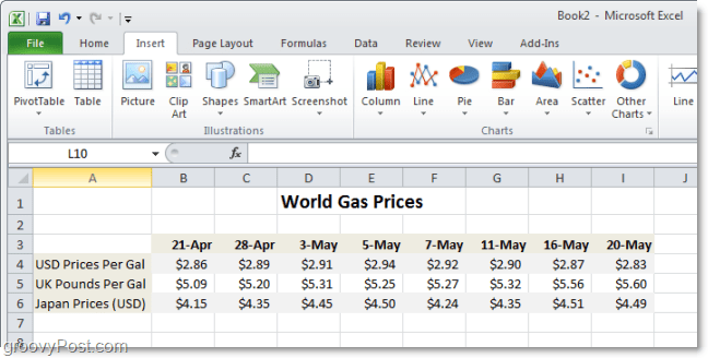 Weltgaspreisvergleichstabelle in Excel 2010