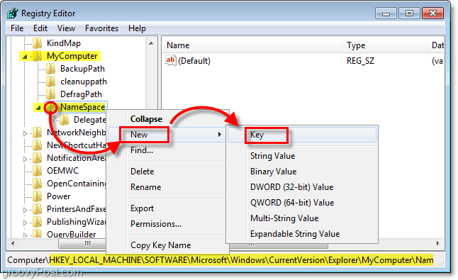 Fügen Sie dem NameSpace-Schlüssel in Windows 7 einen neuen Unterschlüssel hinzu