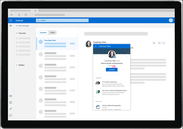 LinkedIn bietet jetzt umfassende Einblicke wie Profilbilder, Arbeitsverlauf und mehr direkt aus dem persönlichen Posteingang des Outlook.com-Benutzers.