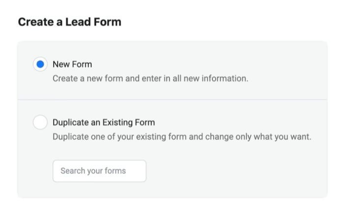 Facebook-Lead-Anzeigen erstellen ein neues Lead-Formular mit der ausgewählten neuen Formularoption