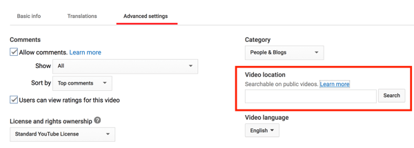 Füge deinem YouTube-Video einen Ort hinzu, um es geografisch durchsuchbar zu machen.