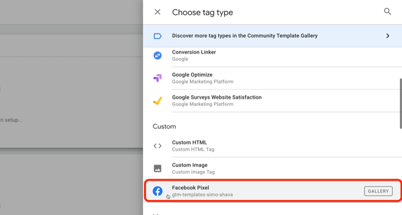 Beispiel Google Tag Manager Neues Tag mit dem Menü Tag-Typ auswählen und der Option Facebook Pixel im benutzerdefinierten Bereich hervorgehoben