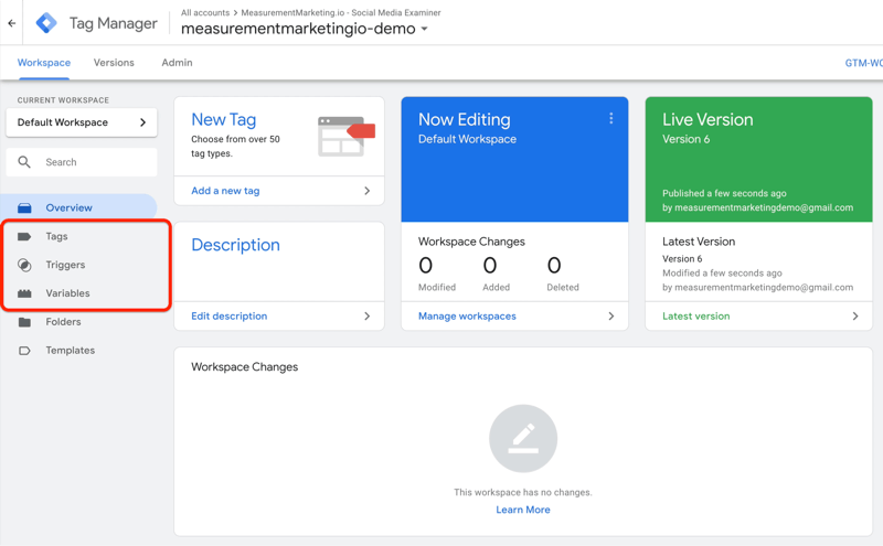 Beispiel: Google Tag Manager-Dashboard mit hervorgehobenen Menüoptionen für Tags, Trigger und Variablen