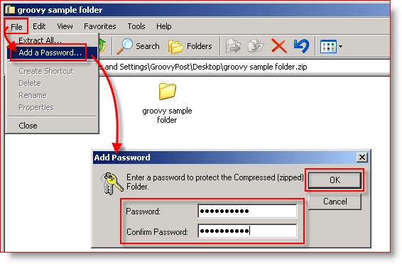 Integrierte Komprimierung Windows XP - Kennwort hinzufügen