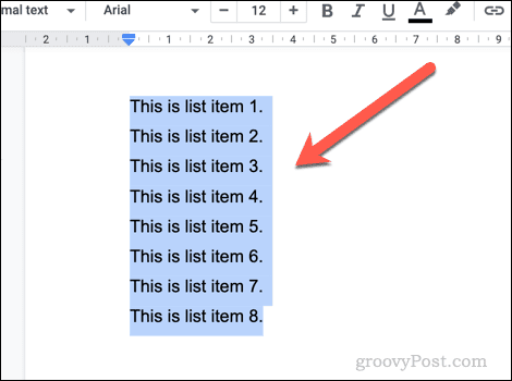 Ausgewählter Text in Google Docs zur Verwendung als Liste.