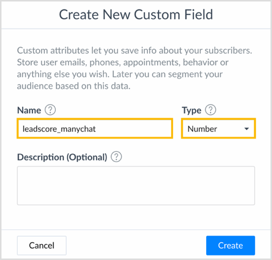 Wählen Sie einen Namen und einen Typ im Dialogfeld "Neues benutzerdefiniertes Feld erstellen" in ManyChat.