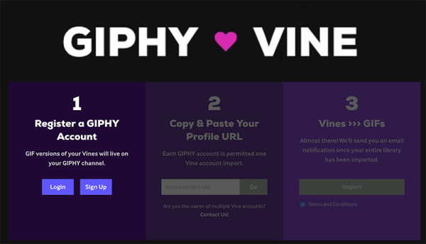 GIPHY hat ein neues GIPHY ❤ Vine-Tool eingeführt, mit dem alle von Ihnen erstellten Reben in gemeinsam nutzbare GIFs konvertiert werden können.