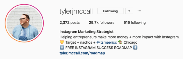 Beispiel für ein Instagram Business-Profilbild und Bio-Informationen von @tylerjmccall.