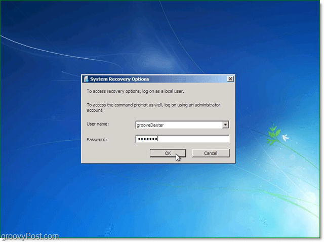 Geben Sie Ihren Benutzernamen und Ihr Kennwort für die Windows 7-Systemwiederherstellung ein