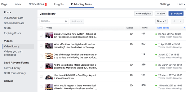 Sie können unter Publishing Tools auf Ihre gesamte Facebook-Videobibliothek zugreifen.