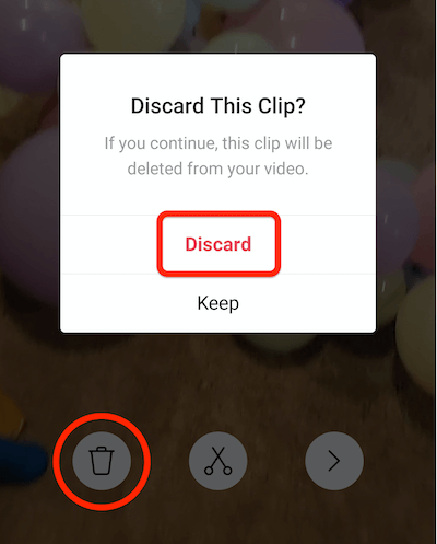 Papierkorb-Menüoption zum Verwerfen eines Clips von Ihrer Instagram-Rolle
