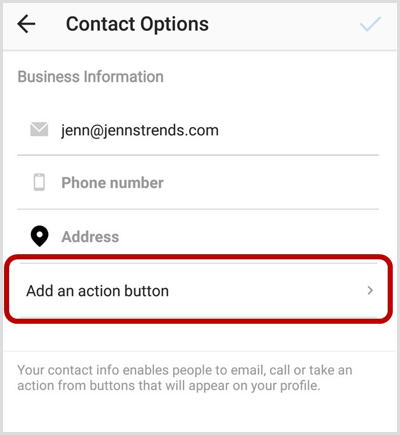 Fügen Sie auf dem Bildschirm "Instagram-Kontaktoptionen" eine Aktionsschaltflächenoption hinzu