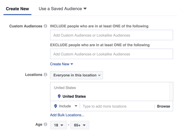 Mit einer Facebook Messenger-Startbildschirmanzeige können Sie eine neue Zielgruppe oder eine zuvor gespeicherte oder gleichartige Zielgruppe ansprechen.