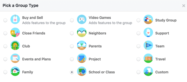 Wählen Sie einen Gruppentyp, um Benutzer über Ihre Gruppe zu informieren.