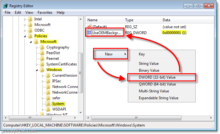 Navigieren Sie zum Windows 7-Registrierungsschlüssel HKEY_LOCAL_MACHINESOFTWAREPoliciesMicrosoftWindowsSystem