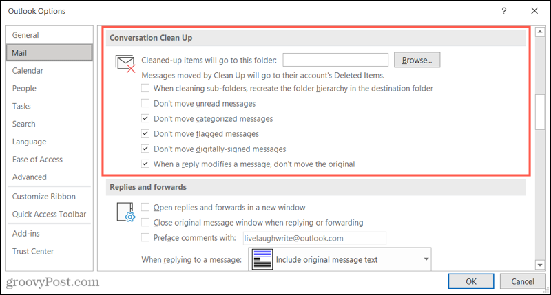 Konversationsbereinigungseinstellungen in Outlook