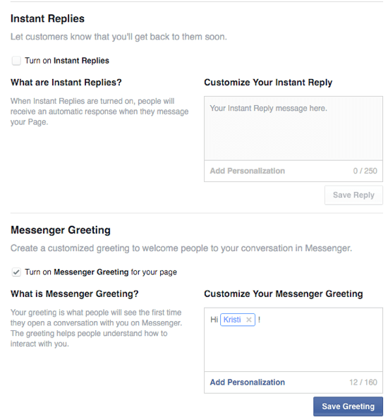 Optionen für Facebook sofortige Antworten und Grüße
