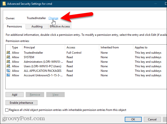 Klicken Sie in der Windows-Registrierung auf den Link Ändern für den Eigentümer eines Schlüssels
