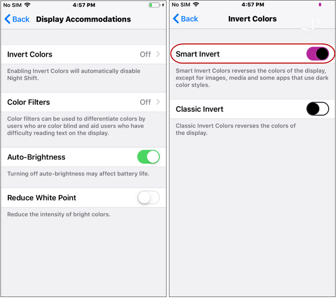 iOS Dark Mode-Einstellungen invertieren Farben