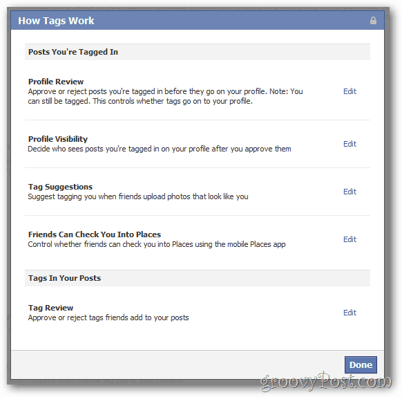 Facebook-Datenschutzeinstellungen Tags