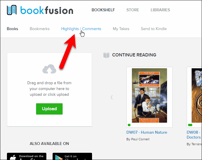 Klicken Sie in der BookFusion-Weboberfläche auf Highlights / Kommentare