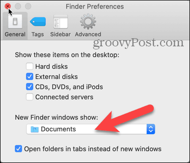 Klicken Sie in den Finder-Einstellungen auf Ihrem Mac auf die Dropdown-Liste Neue Finder-Fenster anzeigen