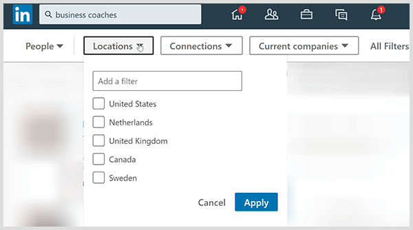 Die LinkedIn-Suchergebnisseite enthält Filter für Standortverbindungen und Unternehmen.