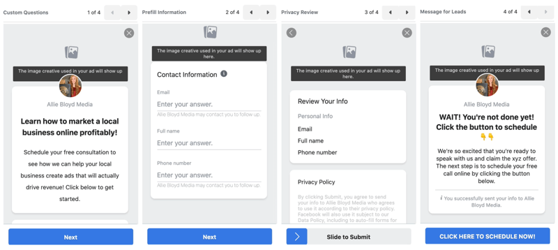 Facebook-Lead-Anzeigen erstellen eine neue Lead-Formularoption, um vor der Veröffentlichung eine Vorschau Ihrer Lead-Formulareinstellungen und -optionen anzuzeigen