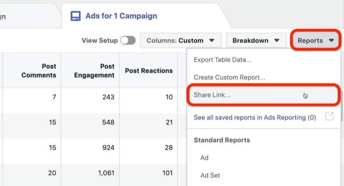 Benutzerdefinierten Bericht für Facebook-Anzeigen teilen