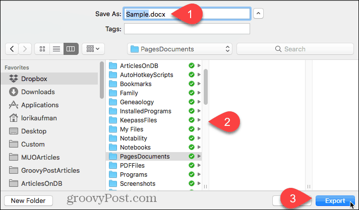 Wählen Sie den Speicherort für die exportierte Datei und klicken Sie auf In Seiten für Mac exportieren