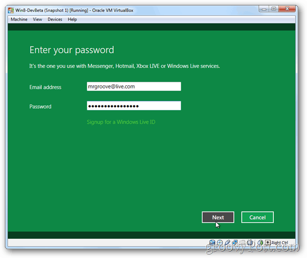 Live-ID der VirtualBox Windows 8-Verbindung