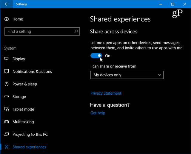 Aktivieren und Verwenden gemeinsamer Erfahrungen in Windows 10