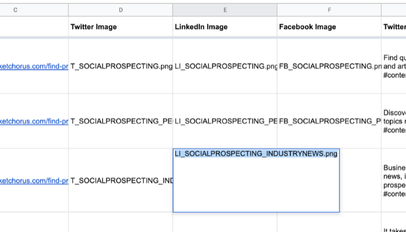 Beispiel für ein Google Sheet mit Teildaten, die für Twitter-, Linkedin- und Facebook-Bildnamen ausgefüllt wurden, wie sie gerade in Canva erstellt wurden