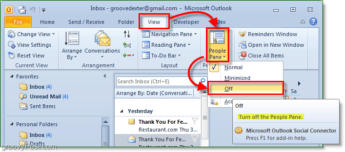 Deaktivieren des Personenbereichs in Microsoft Office Outlook 2010