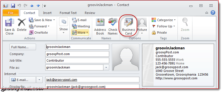 Bearbeiten Sie die Visitenkarte in Outlook 2010