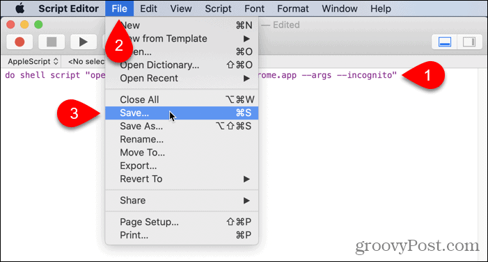 Gehen Sie auf dem Mac zu Datei> Im Skript-Editor speichern