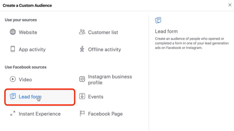 Lead Form-Option für benutzerdefinierte Facebook-Zielgruppen