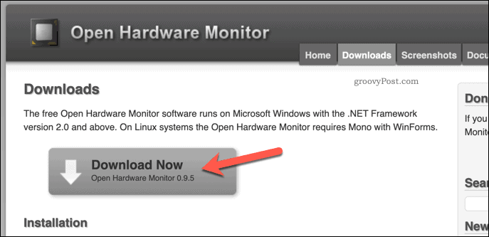 Öffnen Sie die Hardware Monitor Download-Seite