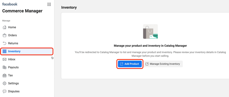 Fügen Sie die Produktoption auf der Registerkarte "Inventar" des Einrichtungsmenüs von Facebook Commerce Manager hinzu